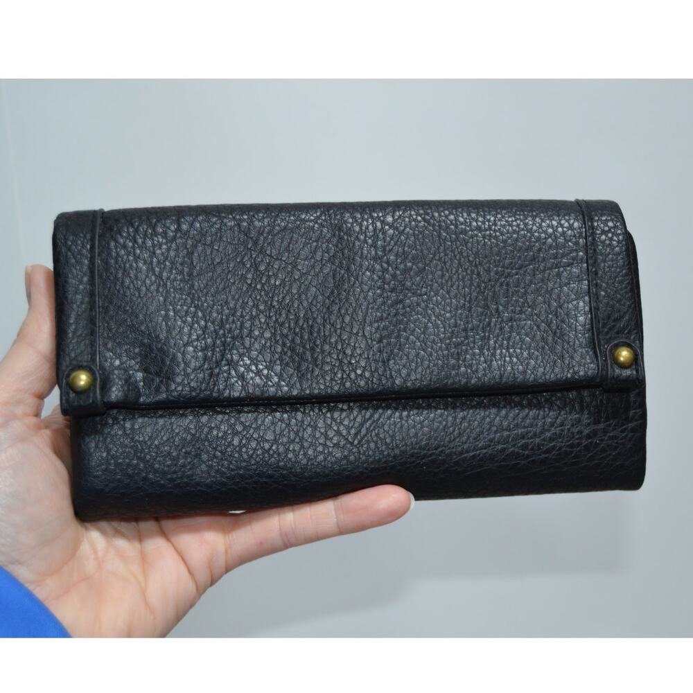 Time and Tru Black Pebbled Leather Clutch Wallet with Brass Studs